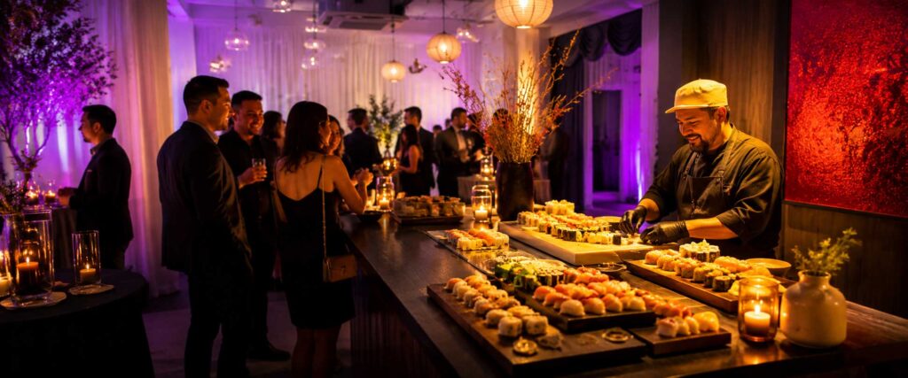 Estación de Sushi para eventos en Espacio Terra con rolls, sashimis, opciones vegan y presentación gourmet para celebraciones.