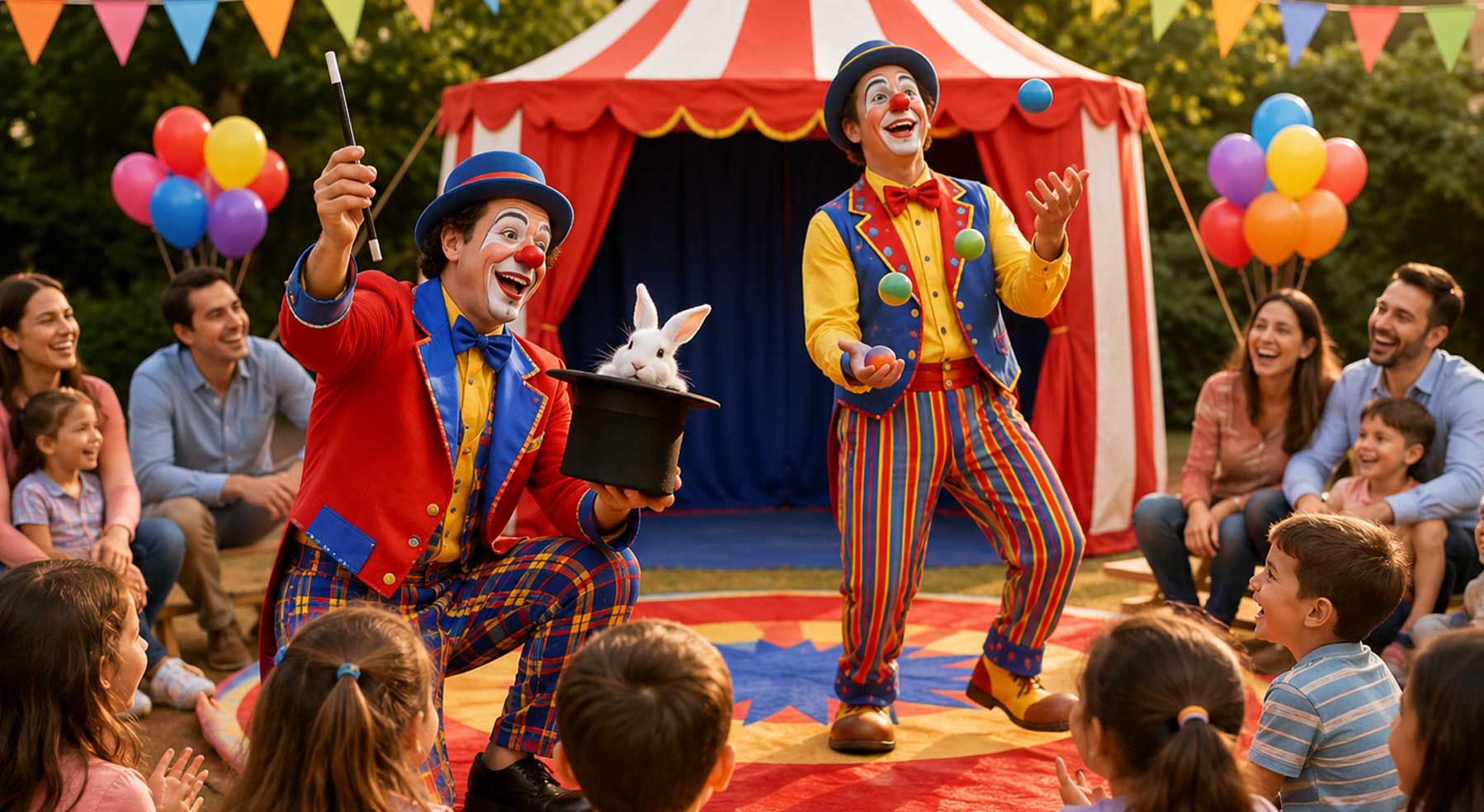 Show de payasos para cumpleaños infantiles con magia, malabares, mini carpa de circo y niños disfrutando al aire libre