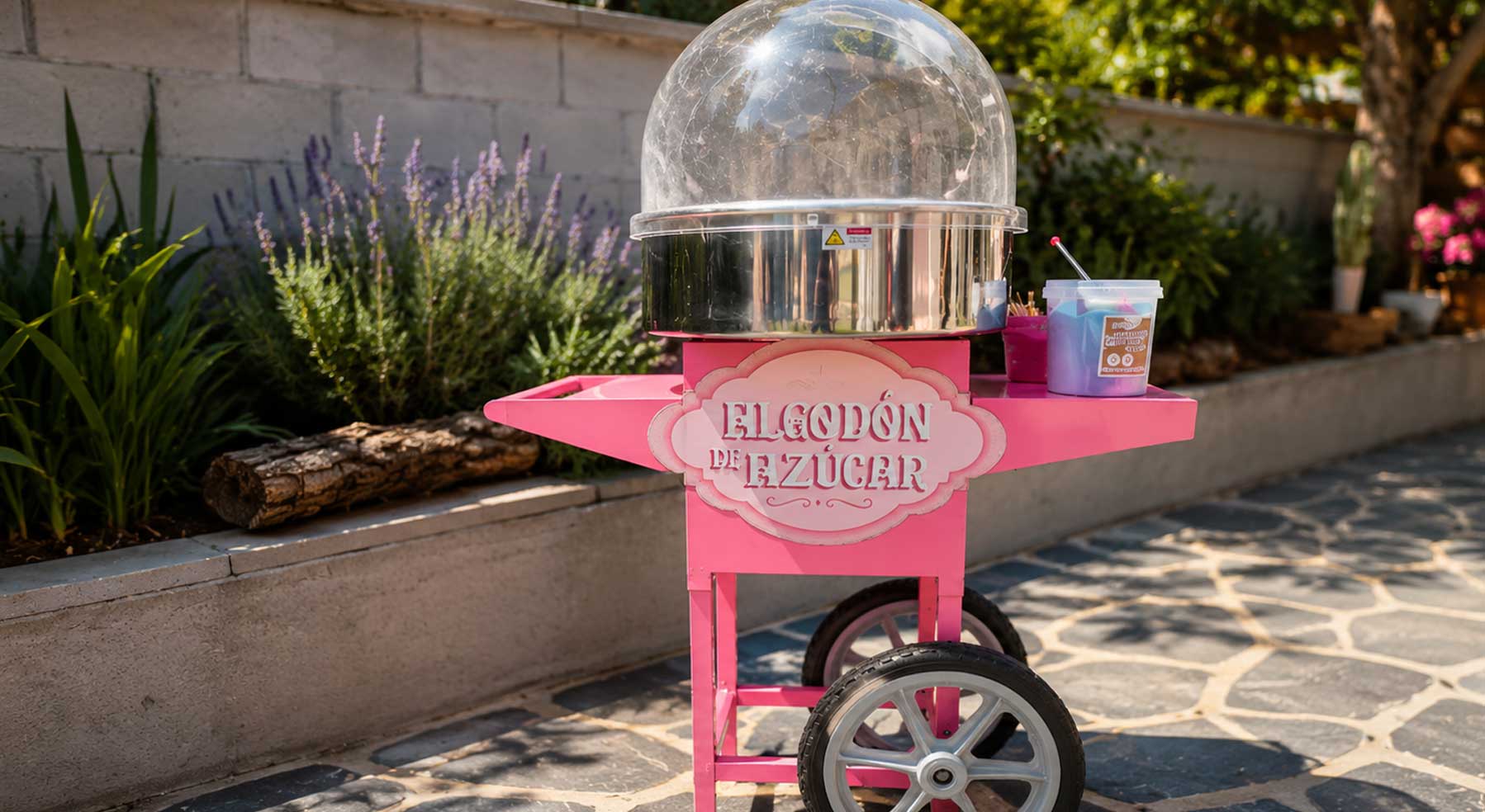 Carrito rosado de algodón de azúcar en entorno verde para cumpleaños infantiles, eventos familiares y celebraciones al aire libre.