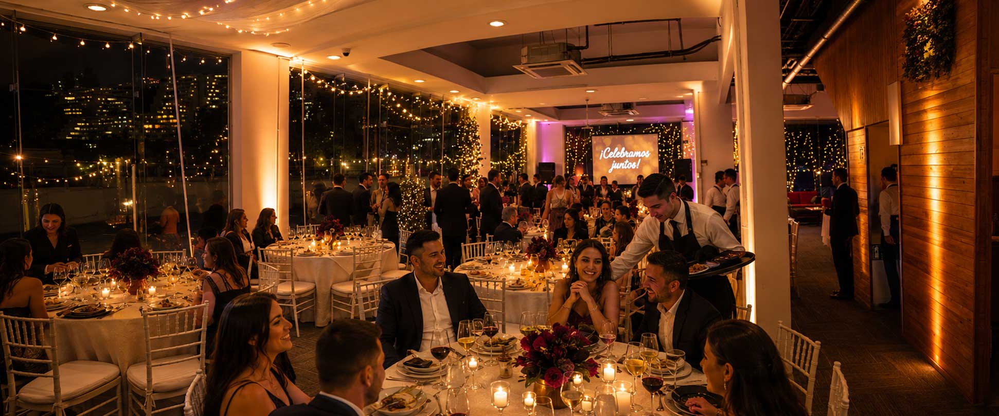 Menú Terroir de cena de tres tiempos para eventos en Espacio Terra con aperitivos, vinos, platos de fondo, postres y garzones.