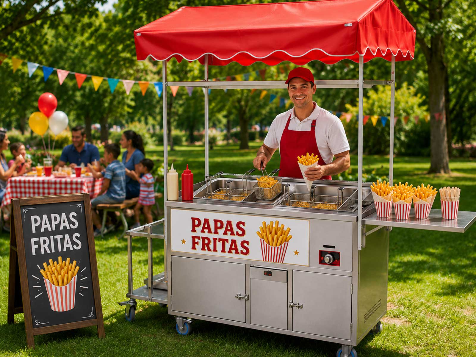 Carrito de papas fritas con dependiente en entorno verde para eventos familiares y celebraciones al aire libre.