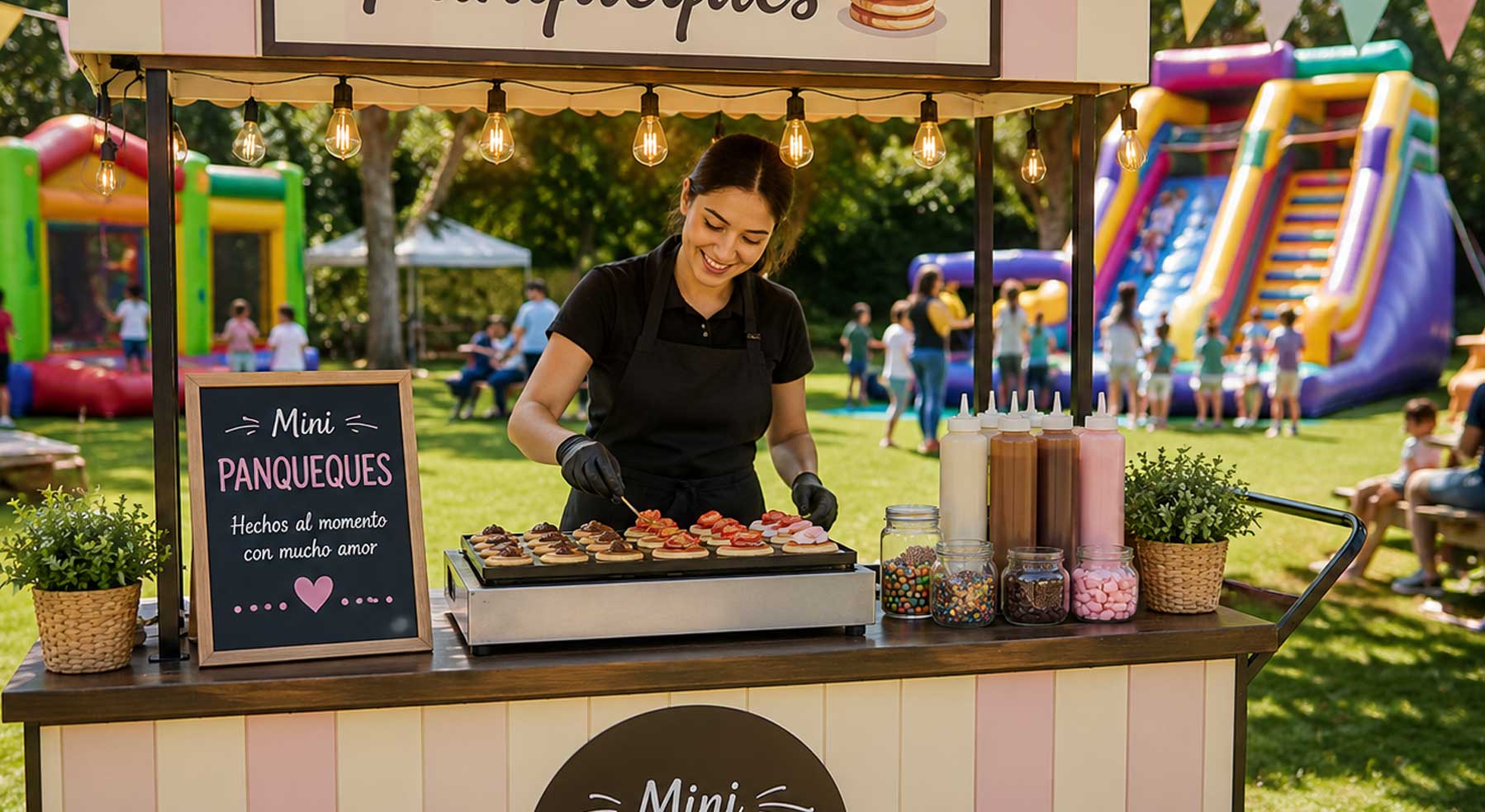 Carrito de mini panqueques con dependiente e inflables al fondo para cumpleaños infantiles y eventos familiares al aire libre.