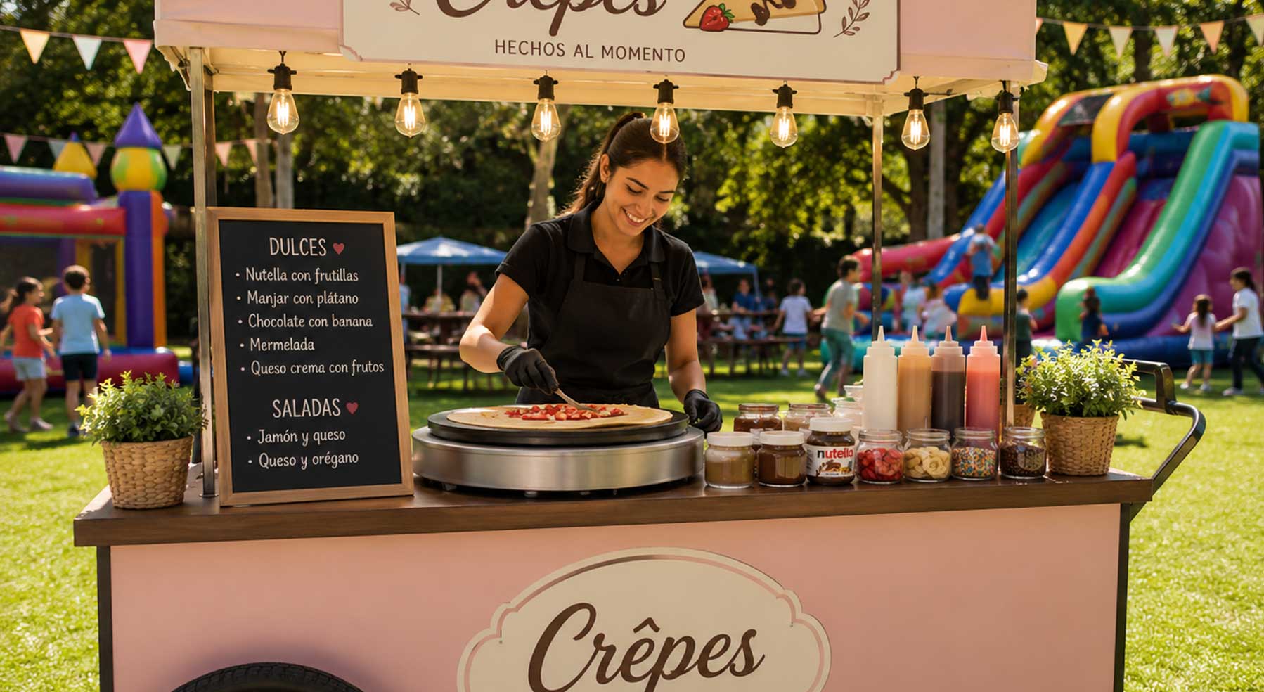 Carrito de crepes con dependiente e inflables al fondo para cumpleaños infantiles, eventos familiares y celebraciones al aire libre.