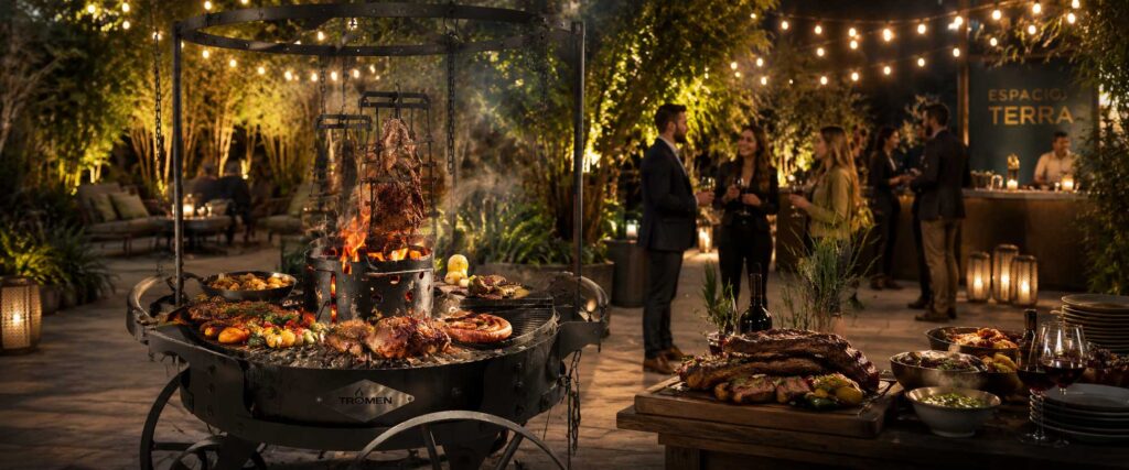 Experiencia Fogón Domo para eventos en Espacio Terra con fuego vivo, brisket, pulled pork, pastrami, costillar y verduras asadas.
