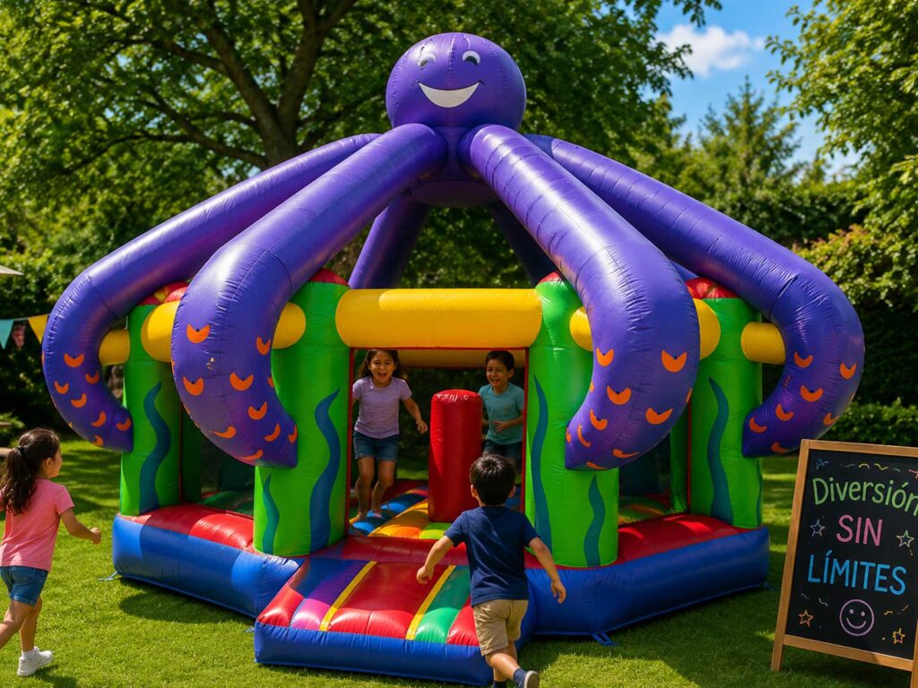Juego inflable de pulpo morado con niños jugando en jardín verde para cumpleaños infantiles y eventos familiares.
