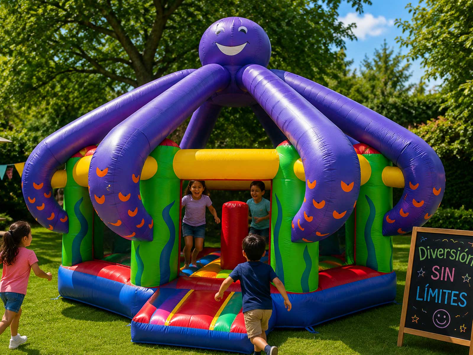 Juego inflable de pulpo morado con niños jugando en jardín verde para cumpleaños infantiles y eventos familiares.