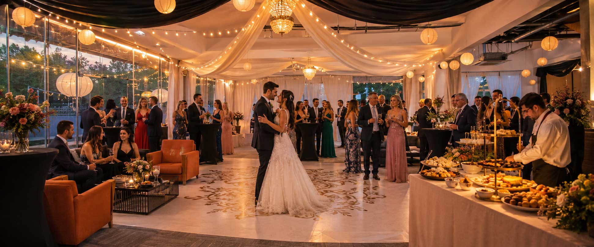 Matrimonio íntimo en Espacio Terra con celebración elegante, pista de baile, iluminación cálida y ambiente de cocktail para invitados.