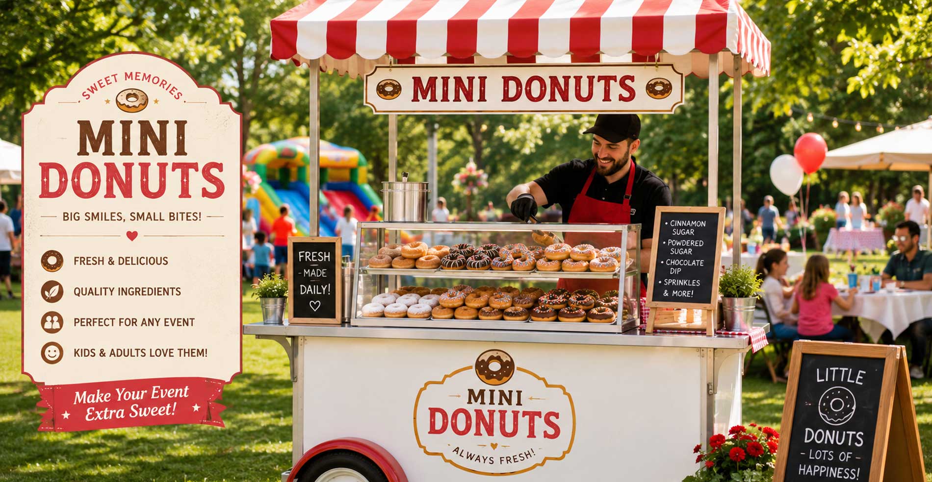Carrito de mini donuts con dependiente en entorno verde para cumpleaños infantiles, eventos familiares y celebraciones al aire libre.
