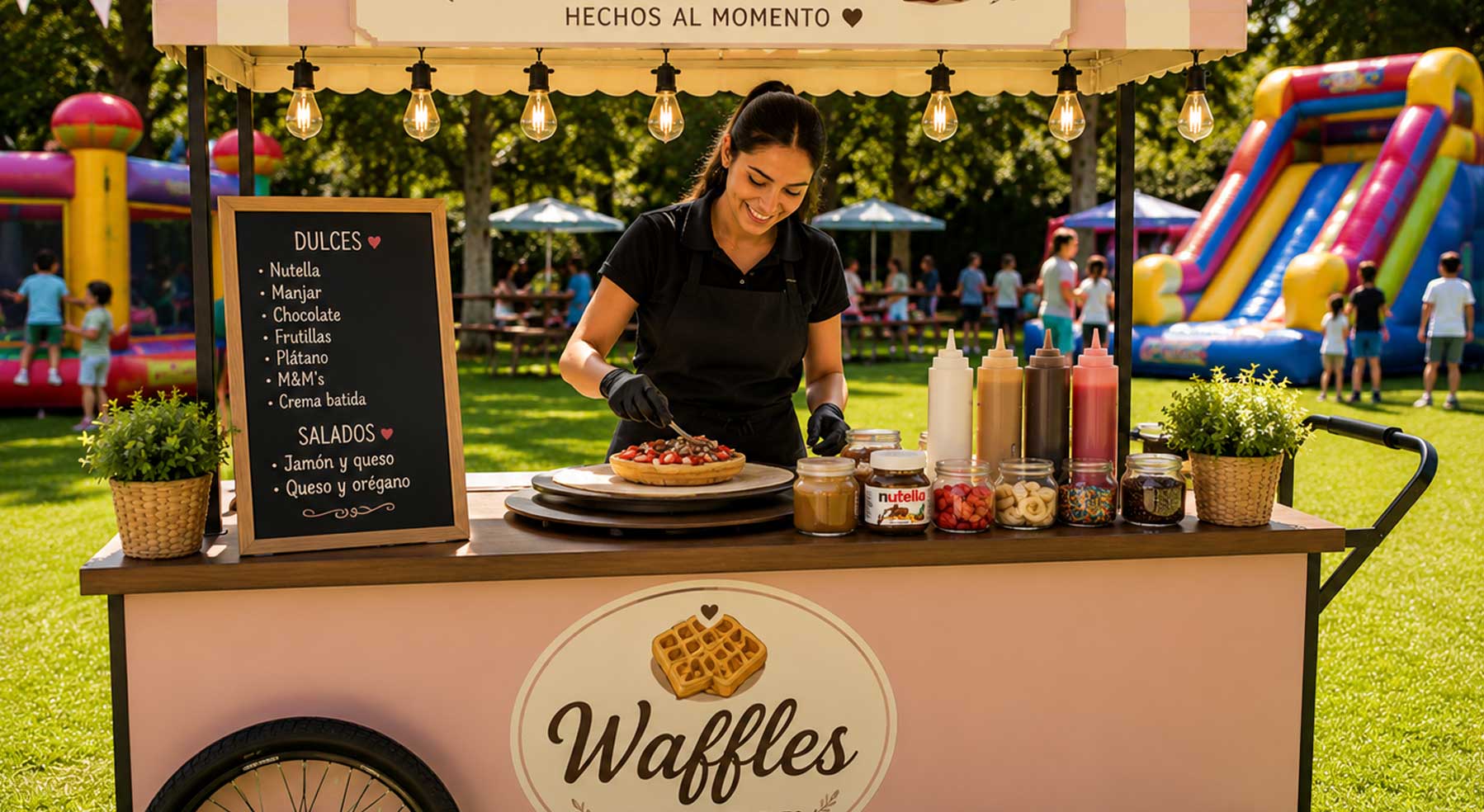 Carrito de waffles con dependiente e inflables al fondo para cumpleaños infantiles, eventos familiares y celebraciones al aire libre.